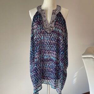 FREE PEOPLE halter SEQUINS COLLAR TUNIC / BLOUSE sheer outer lined XS oversize